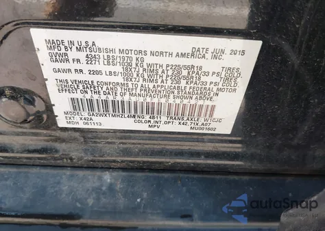 2015 Mitsubishi Outlander Sport Es из США, поврежденный, VIN 4A4AR3AU0FE040421